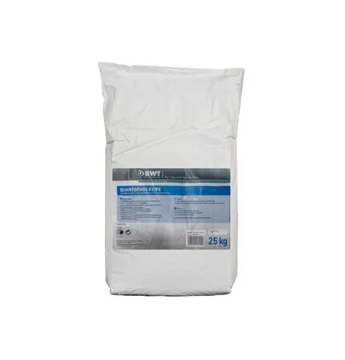BWT-Produktverpackung mit Angaben zum Inhalt, beschriftet mit „Quantophos P2/PE“ und weiteren Informationen auf der Rückseite. Gewicht nicht angegeben.